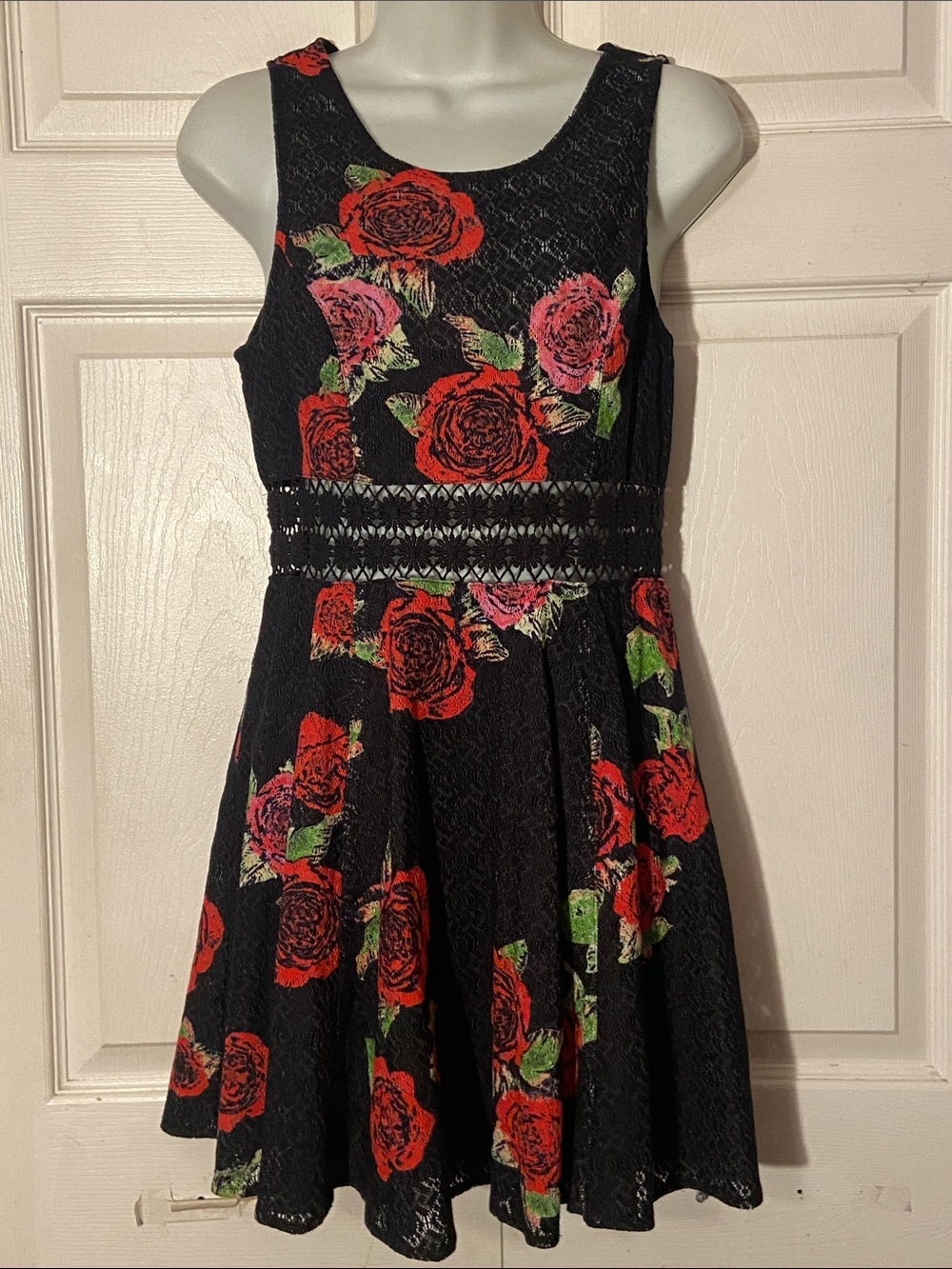 Free People sz 4Black Floral Lace Fit & Flare Dress with Red Rose Print